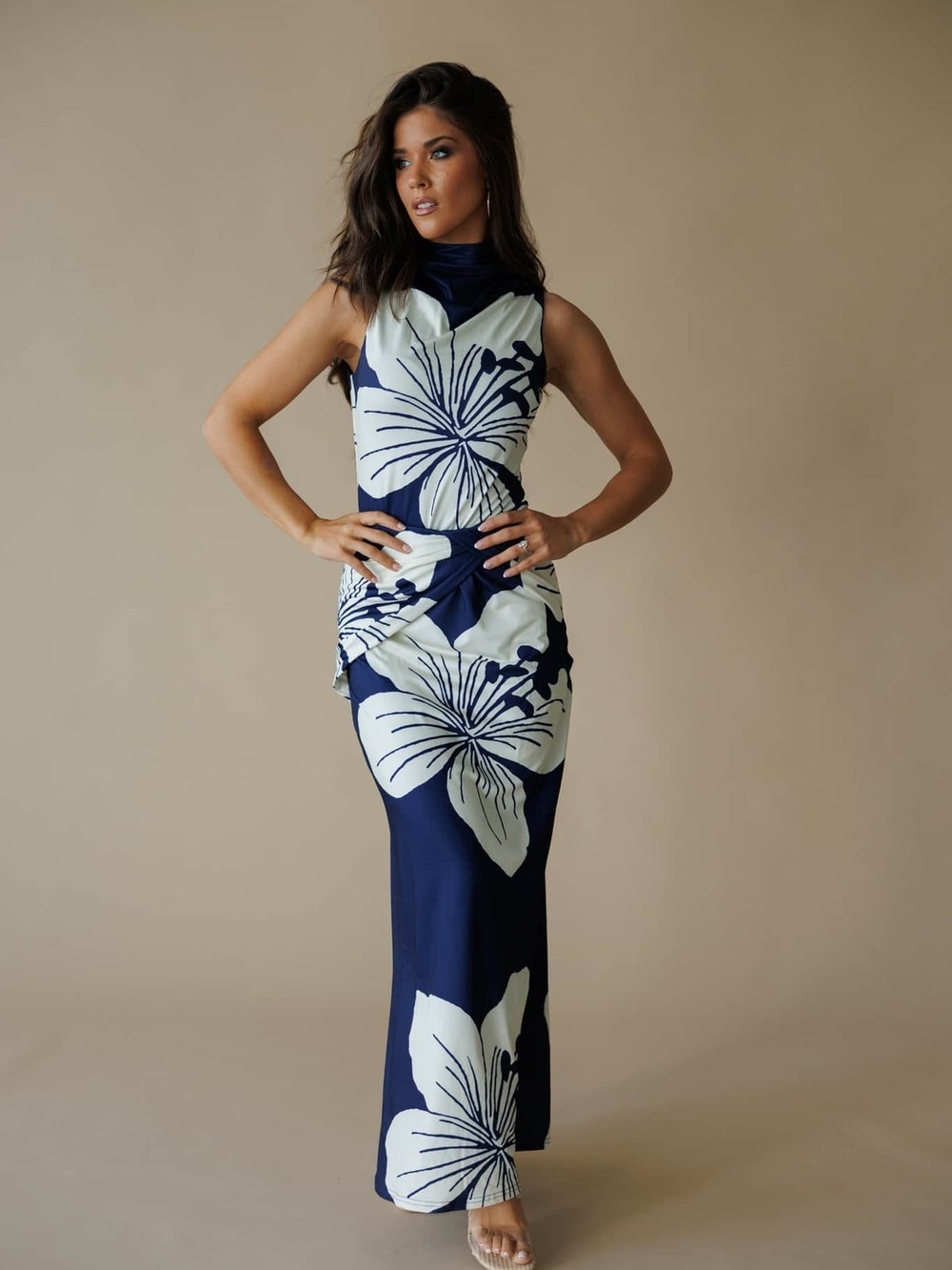 Navy Floral Halter Maxi Dress with High Neck
